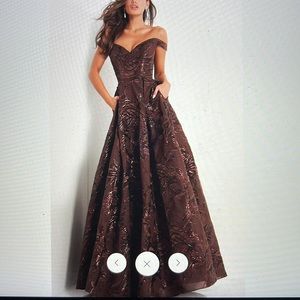 JOVANI 05017 EMBELLISHED OFF SHOULDER GOWN WITH POCKETS BROWN SIZE 12 NEW